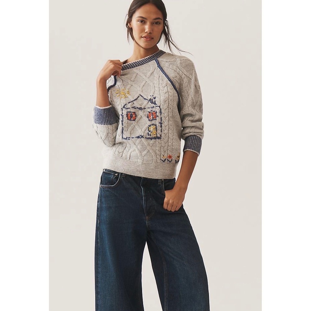Pilcro Anthropologie Grey Cable Knit Embroidered House Sweater XXS New - Picture 2 of 11